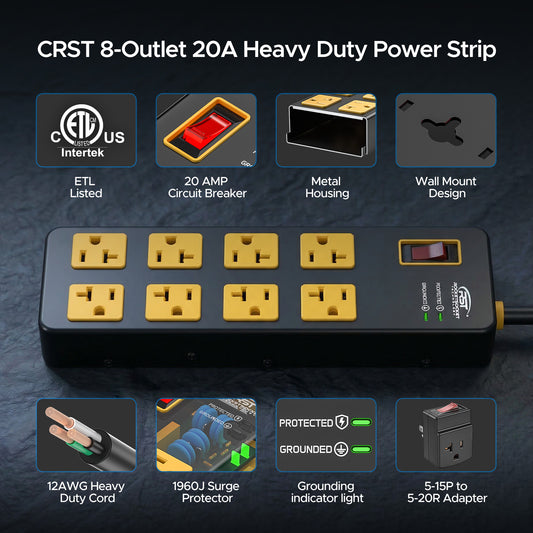CRST 20A Heavy Duty Metal Power Strip – 8-Outlet, 1960J Surge Protector, 12AWG 6FT Cord, ETL Listed