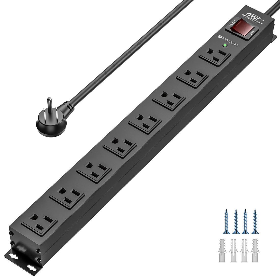 Slim metal power strip surge protector: RESET/OFF switch, green PROTECTED LED, flat angled plug, screws and wall anchors.