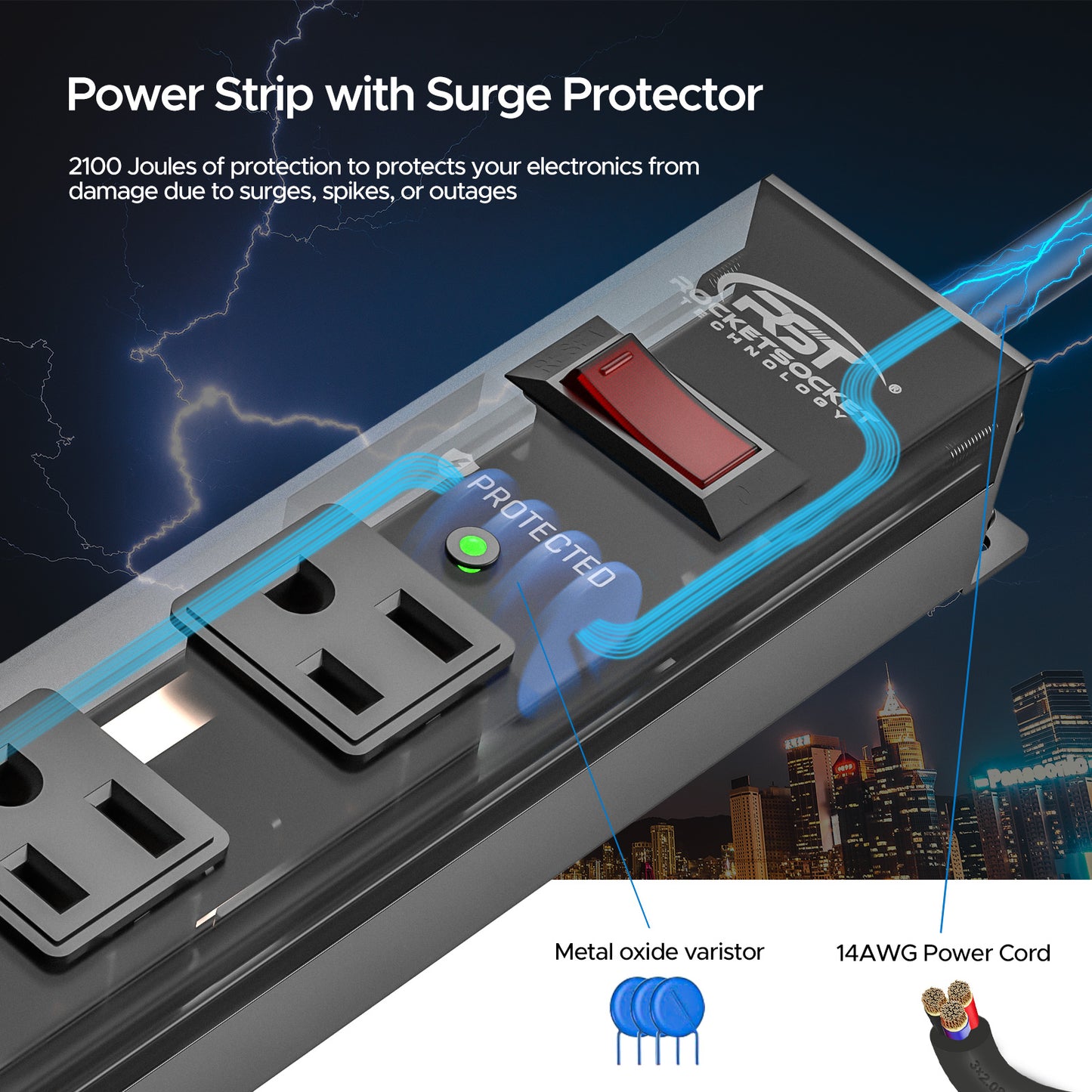 CRST 12 Outlets Wide Spaced Mountable Metal Power Strip Surge Protector, Optional 15FT or 6FT Flat Plug Power Cord