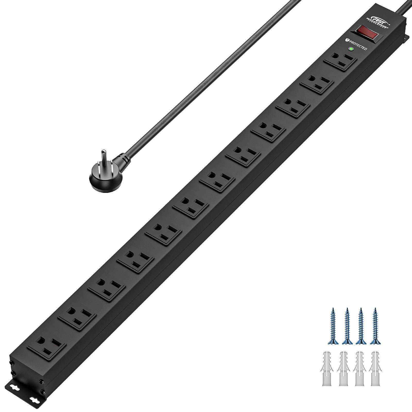 CRST 1.7" Space 12-Outlets Slim Surge Protector Power Strip, Optional 15FT/6FT Flat Plug Power Cord, Mounting Kits Included - Rocket Socket Technology
