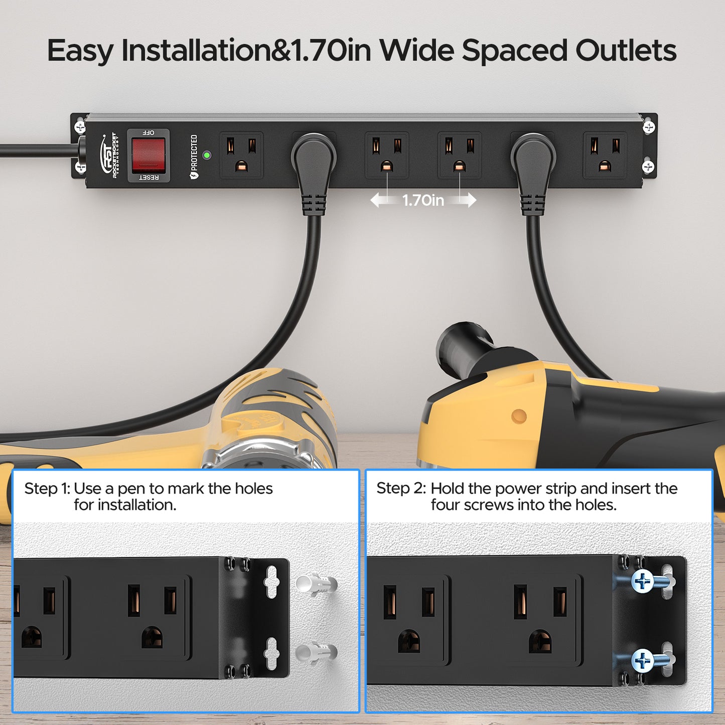 CRST Heavy Duty Metal Power Strip Surge Protector, 6 Wide spaced Outlets, 2100 Joules, 10FT 14AWG Flat Plug, Wall Mountable