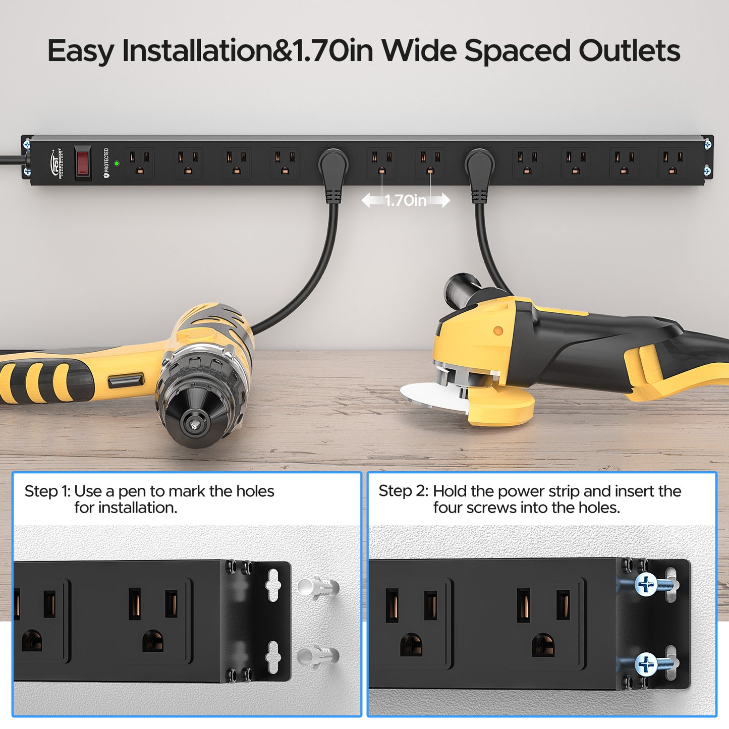 CRST 12 Outlets Wide Spaced Mountable Metal Power Strip Surge Protector, Optional 15FT or 6FT Flat Plug Power Cord