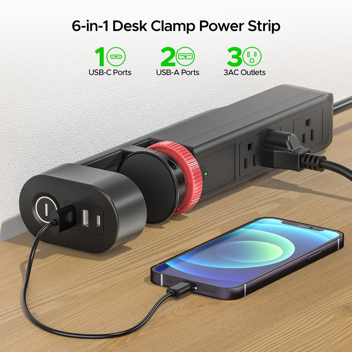 Desk Clamp Power Strip with USB-C Port, 1020J Surge Protector with 20W PD Fast Charging,3 Wide-Spaced Outlets Desktop Edge Mount Power Strip with Flat Plug, 6FT Cord, Fits Tables Up to 2 Inches