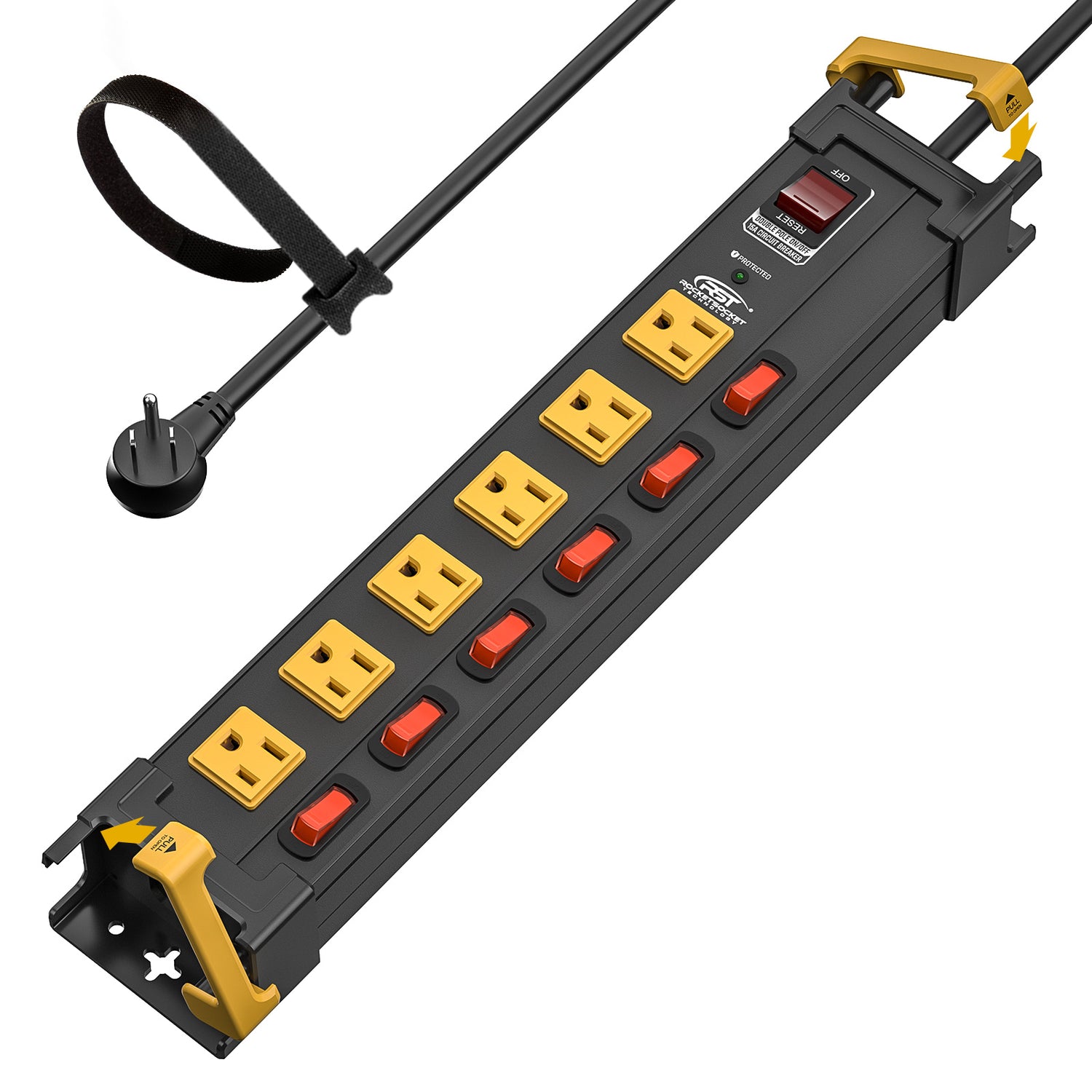 CRST dual-pole switch power strip: a rocker per outlet, OFF/RESET master with 15A breaker, PROTECTED LED, PULL cord clips.