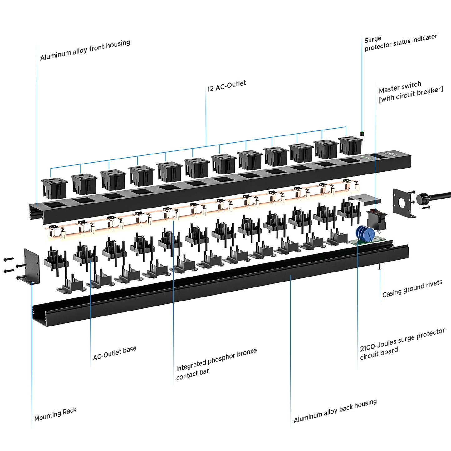 CRST 12 Outlets Wide Spaced Mountable Metal Power Strip Surge Protector, Optional 15FT or 6FT Flat Plug Power Cord