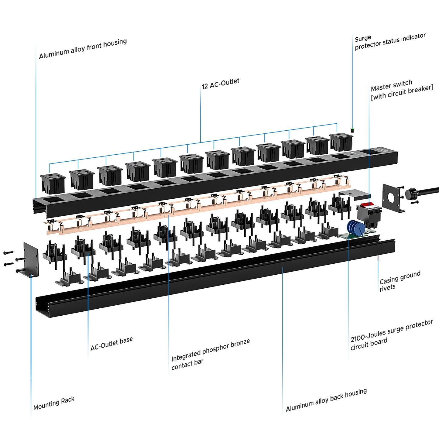 CRST 12 Outlets Wide Spaced Mountable Metal Power Strip Surge Protector, Optional 15FT or 6FT Flat Plug Power Cord