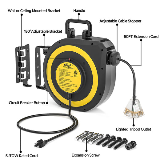 CRST Retractable Extension Cord, 50FT Cord Reel with 14AWG/13A/SJTOW, UL Listed,  Lighted Triple Tap with Reset Button and Adjustable Stopper