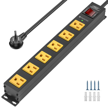 CRST 6 Outlets Wide Spaced Mountable Metal Power Strip Surge Protector, 6FT Flat Plug Power Cord, Mounting Kits Included