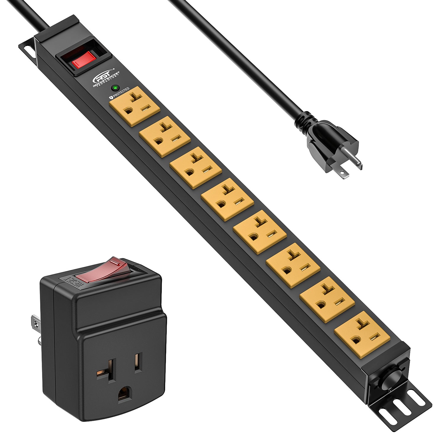 CRST NEMA 5-20R power strip on white: tan T-slot outlets, green PROTECTED LED, red rocker, flanges, plus the RESET adapter.