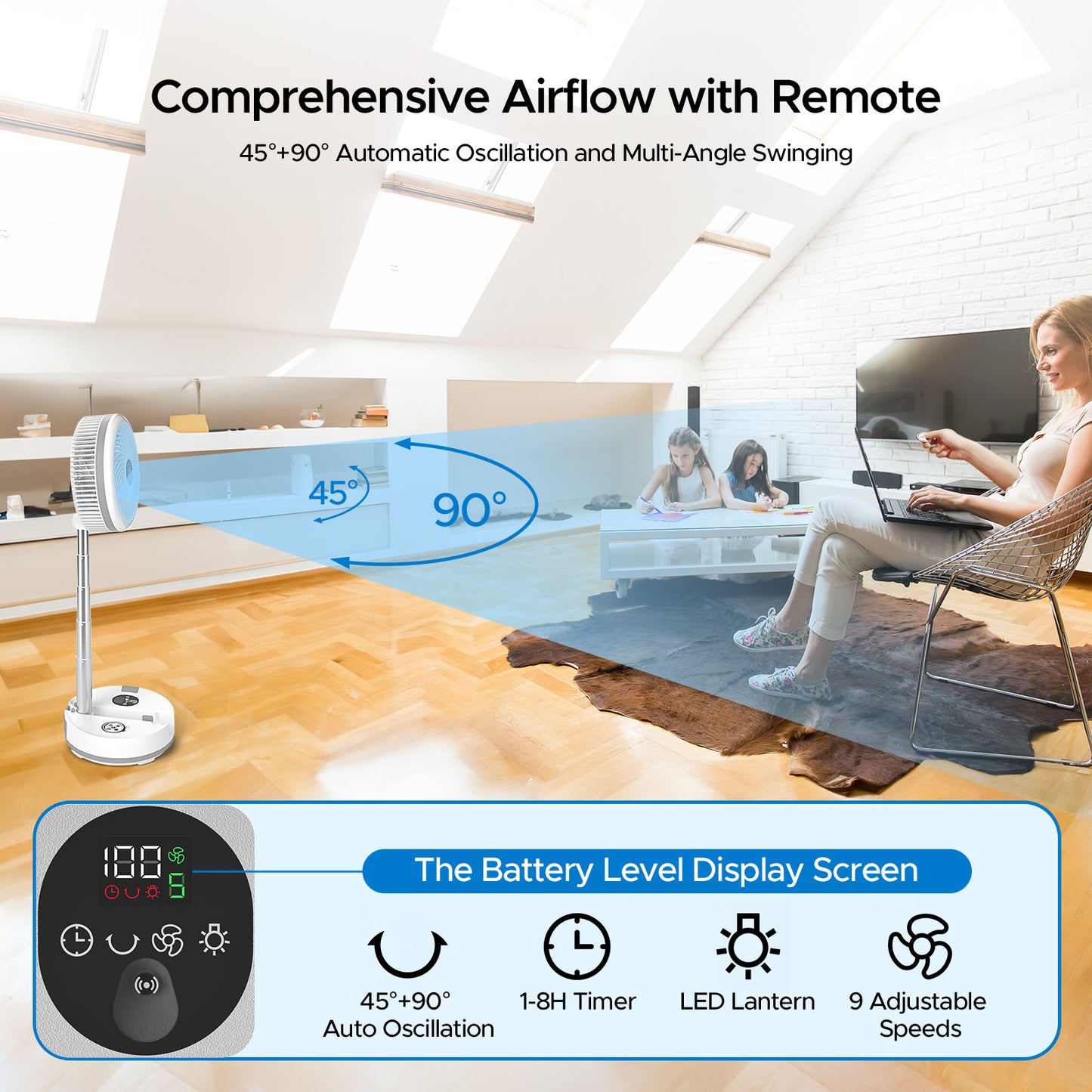 Neofeel Portable Oscillating Standing Fan, 40000mAh Rechargeable Battery Operated Fan with Remote/Timer, RGB Lighting Fan, Pedestal Floor Fan for Bedroom Party Camping (White, 40000mAh)