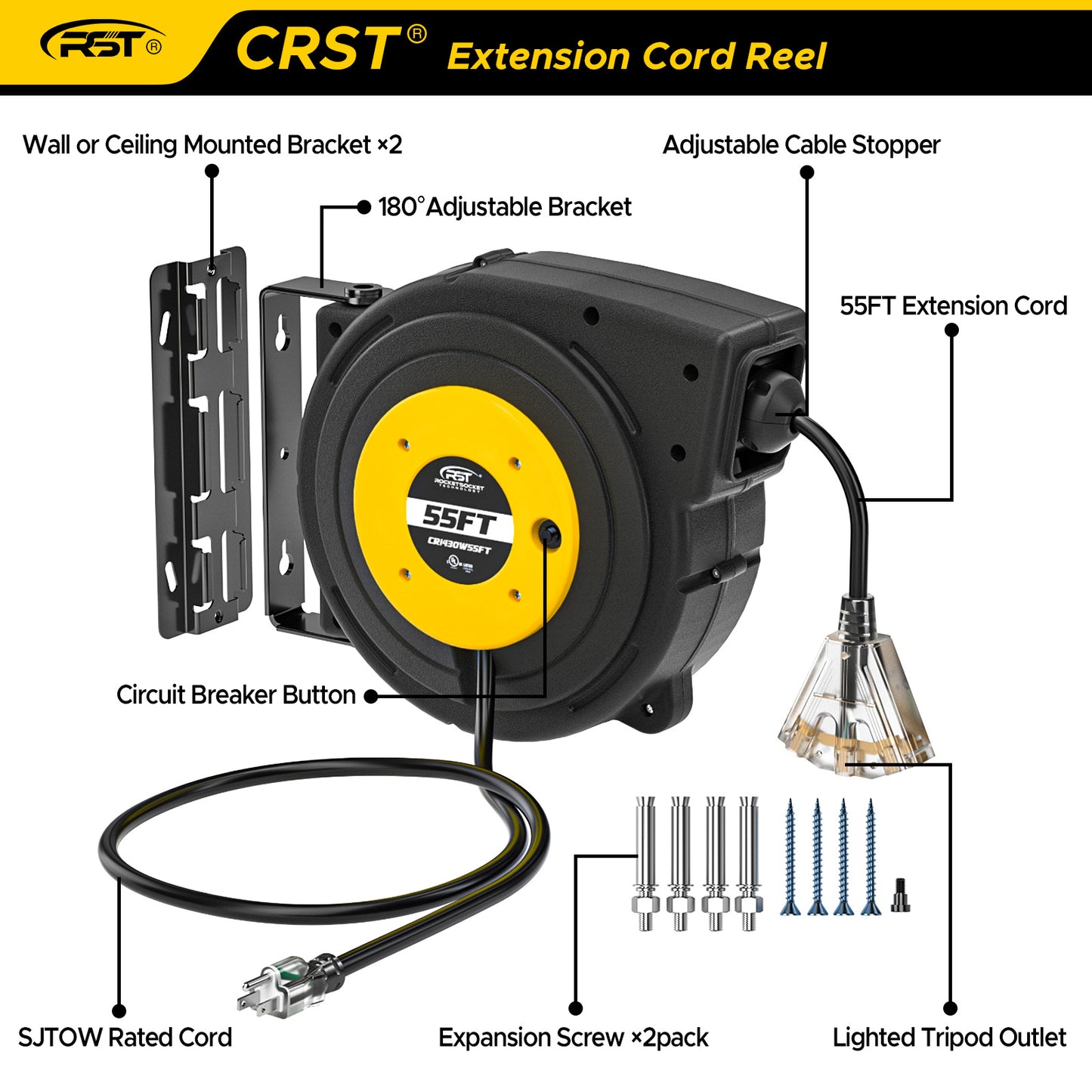 CRST 55FT Retractable Extension Power Cord Reel with Mounting Kits, Lighted 3 Outlets Tap, UL Listed