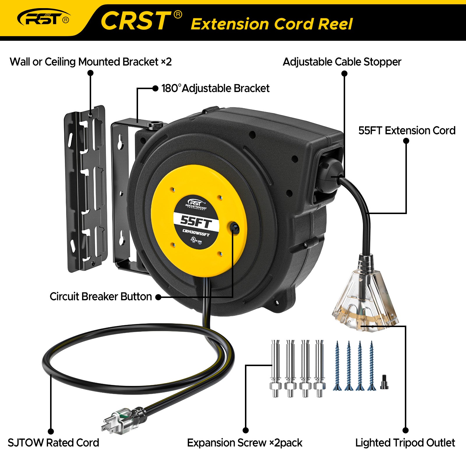 CRST Extension Cord Reel 55feet Retractable Extension Cord with Reset Push Lighted Triple Outlet Adjustable Stopper and Mounting Kit Size