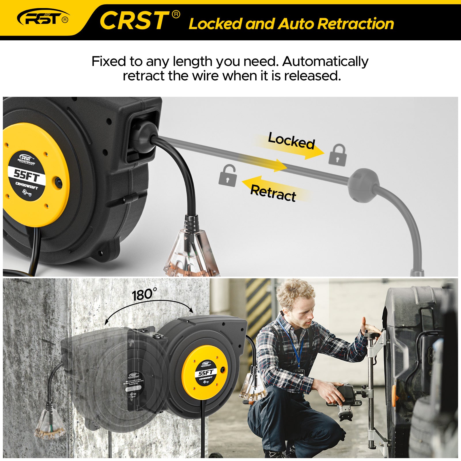 CRST Extension Cord Reel 55feet Retractable Extension Cord with Reset Push Lighted Triple Outlet Adjustable Stopper and Mounting Kit Size