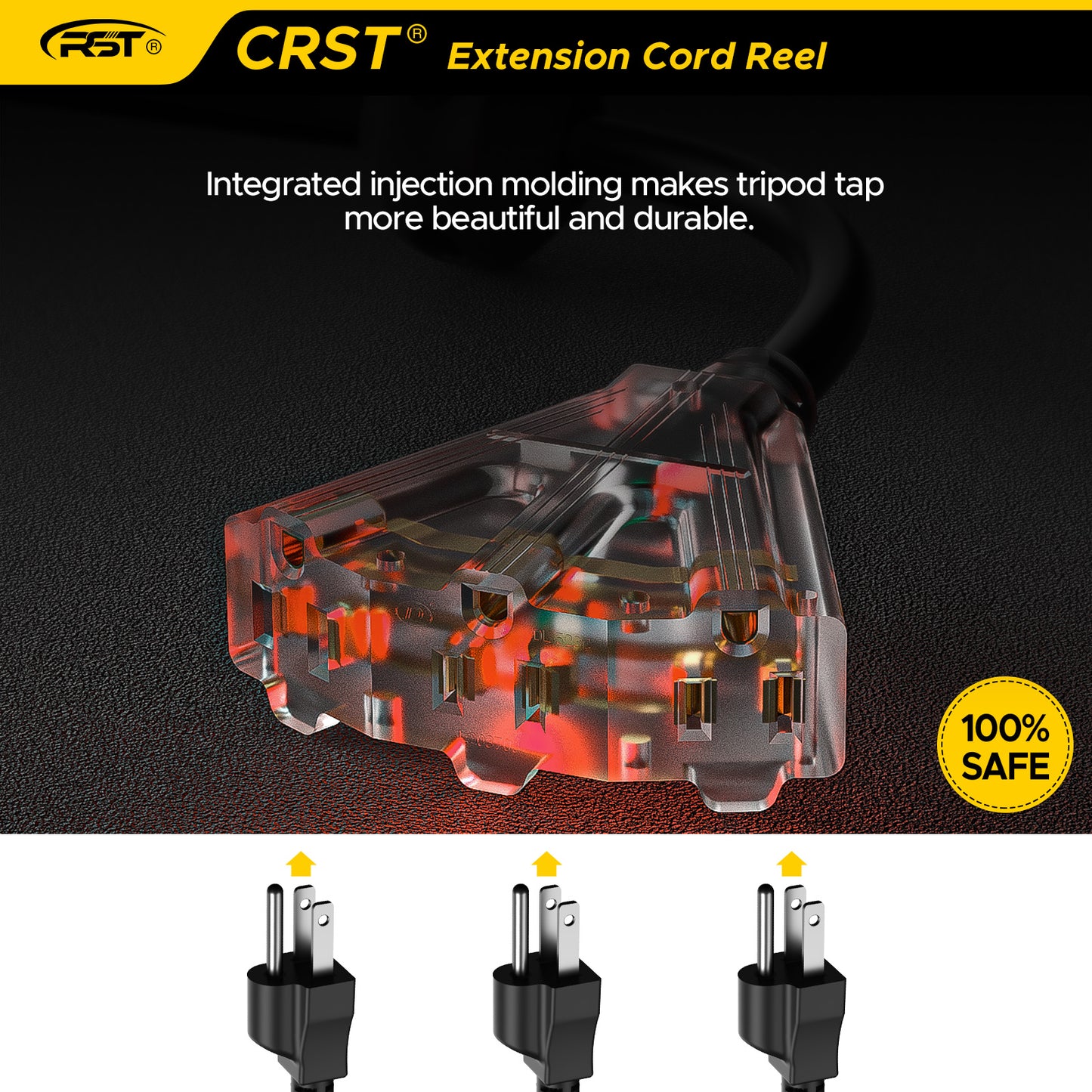 CRST 55FT Retractable Extension Power Cord Reel with Mounting Kits, Lighted 3 Outlets Tap, UL Listed