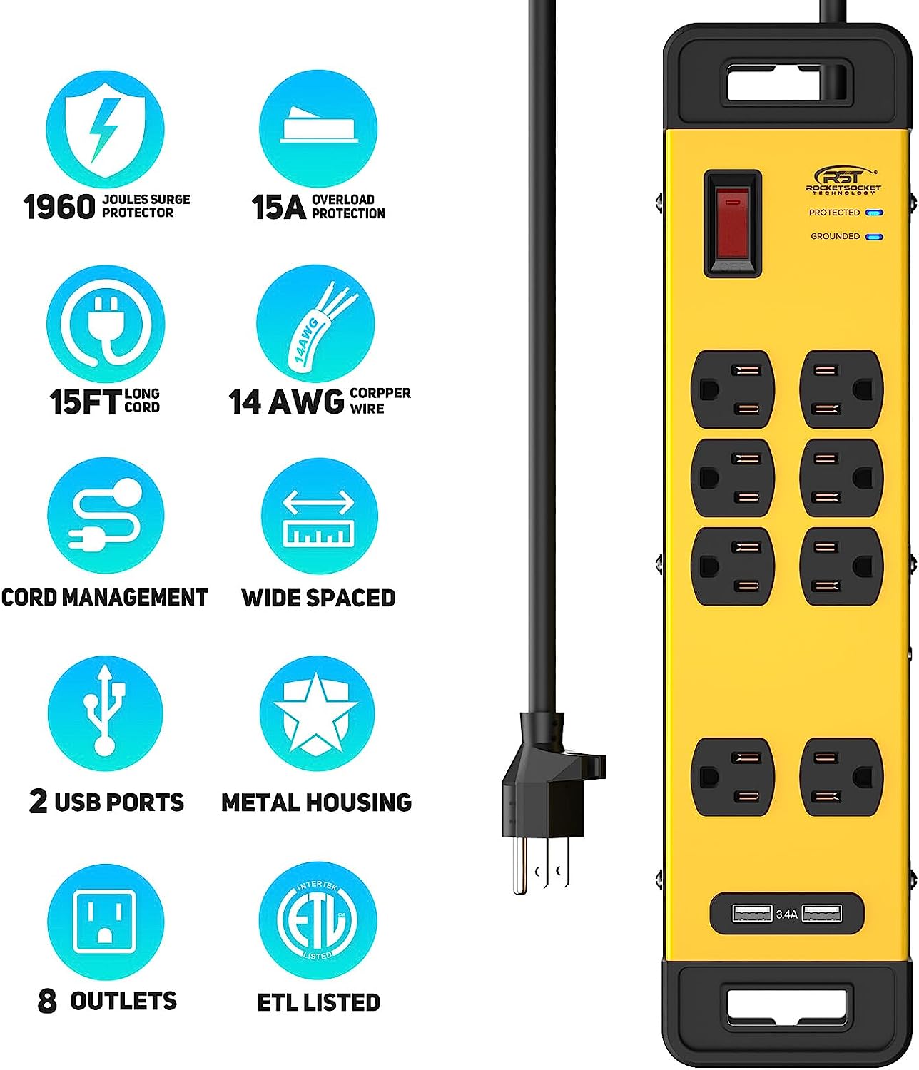 CRST Wide Spaced 8 Outlets Dural USB Mountable Metal Power Strip Surge Protector, 15FT Power Cord