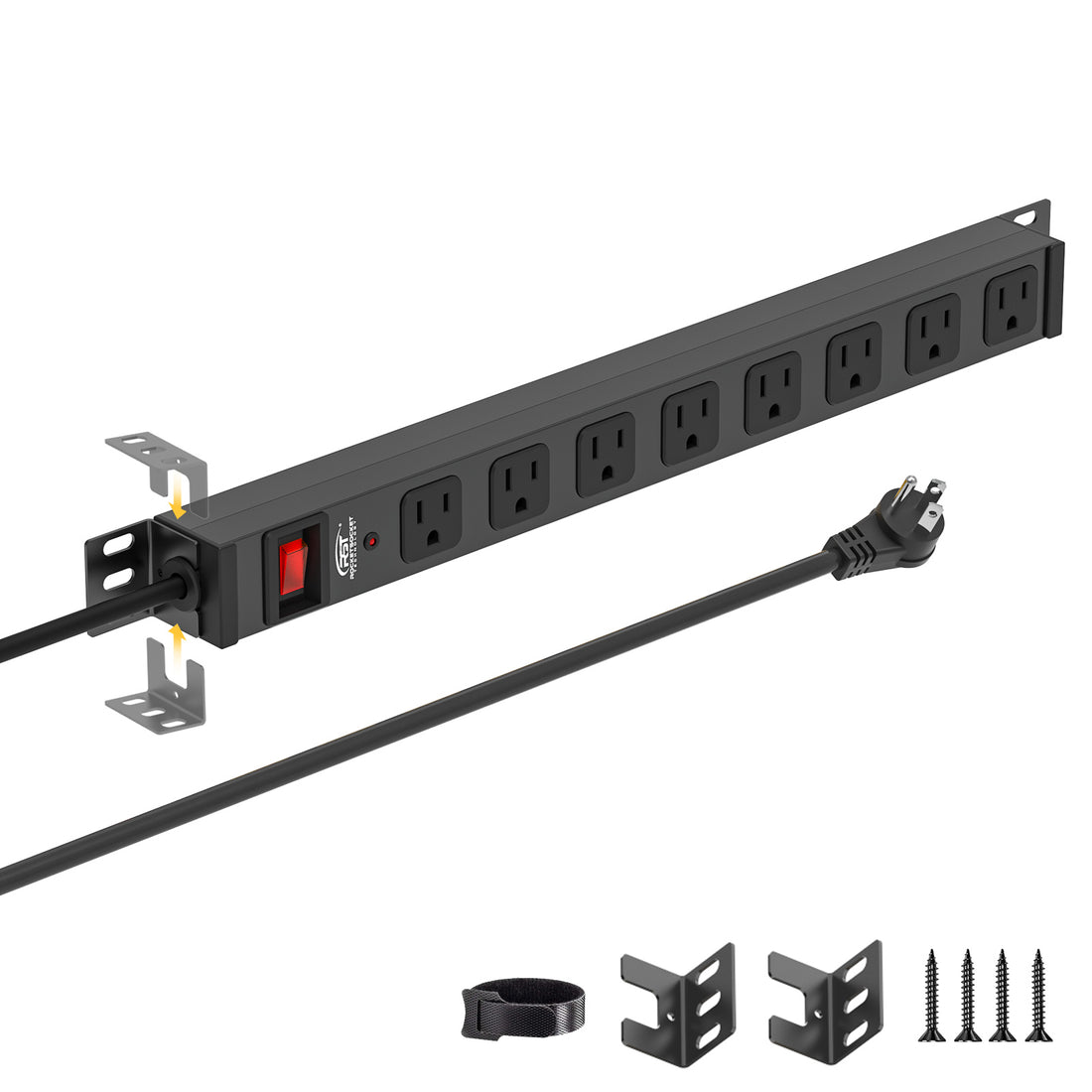 CRST 8-outlet mountable power strip, angled: lighted master switch, PROTECTED LED, cord strap, two Z-brackets, four screws.
