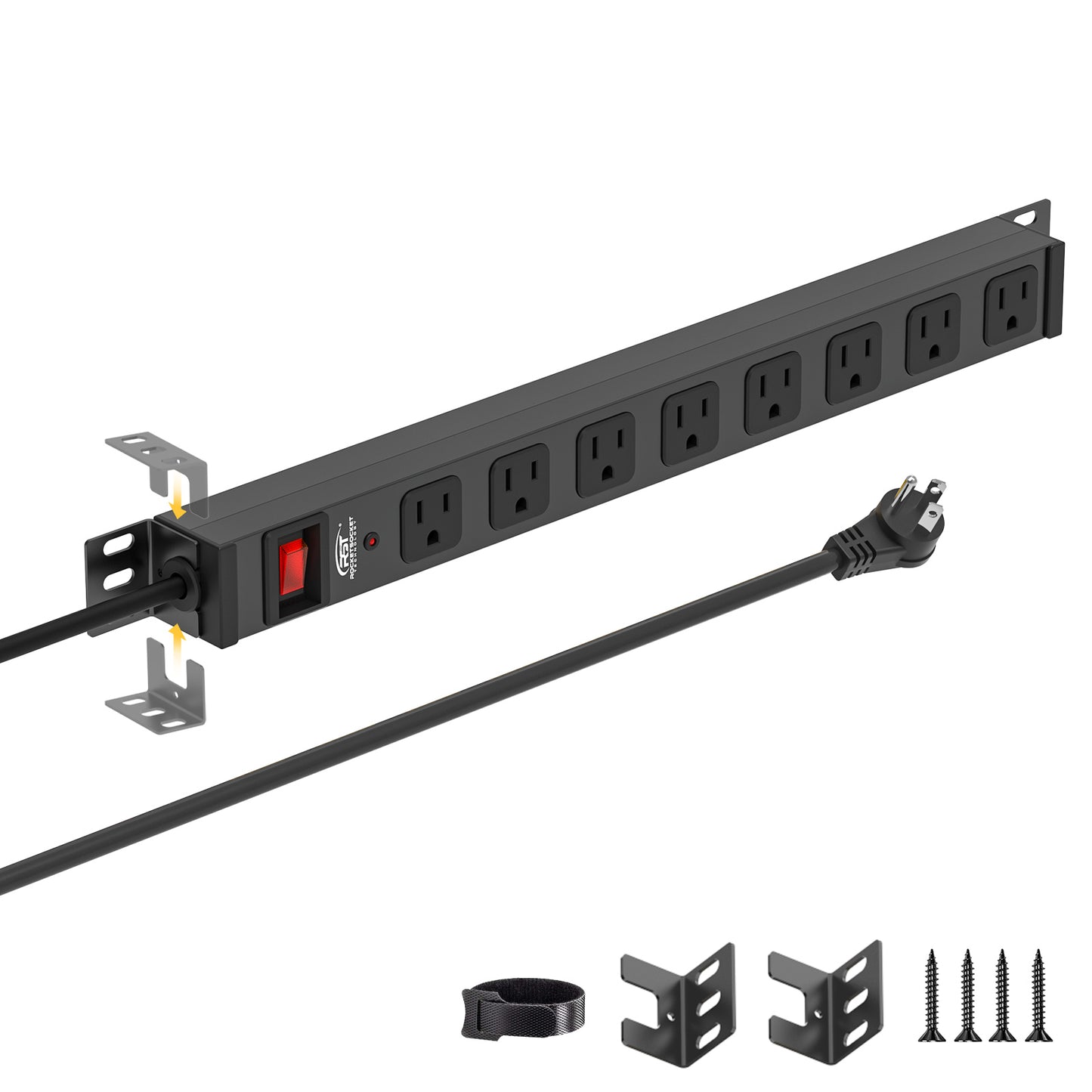 CRST 8-Outlet Mountable Metal Power Strip | 4-Way Bracket Mount, 2100J Surge Protector, 45° Flat Plug, Wide-Spaced Outlets, ETL Listed