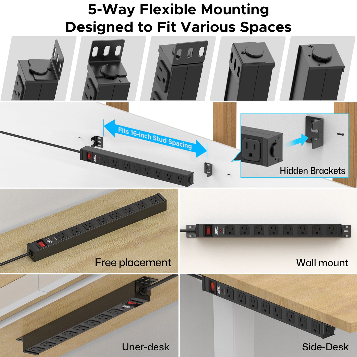 CRST 8-Outlet Mountable Metal Power Strip | 4-Way Bracket Mount, 2100J Surge Protector, 45° Flat Plug, Wide-Spaced Outlets, ETL Listed