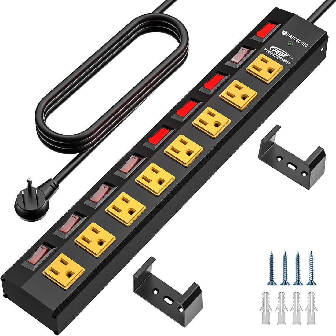 CRST 8-outlet power strip with individual switches: PROTECTED LED, flat plug, two U-brackets, four screws and wall anchors.