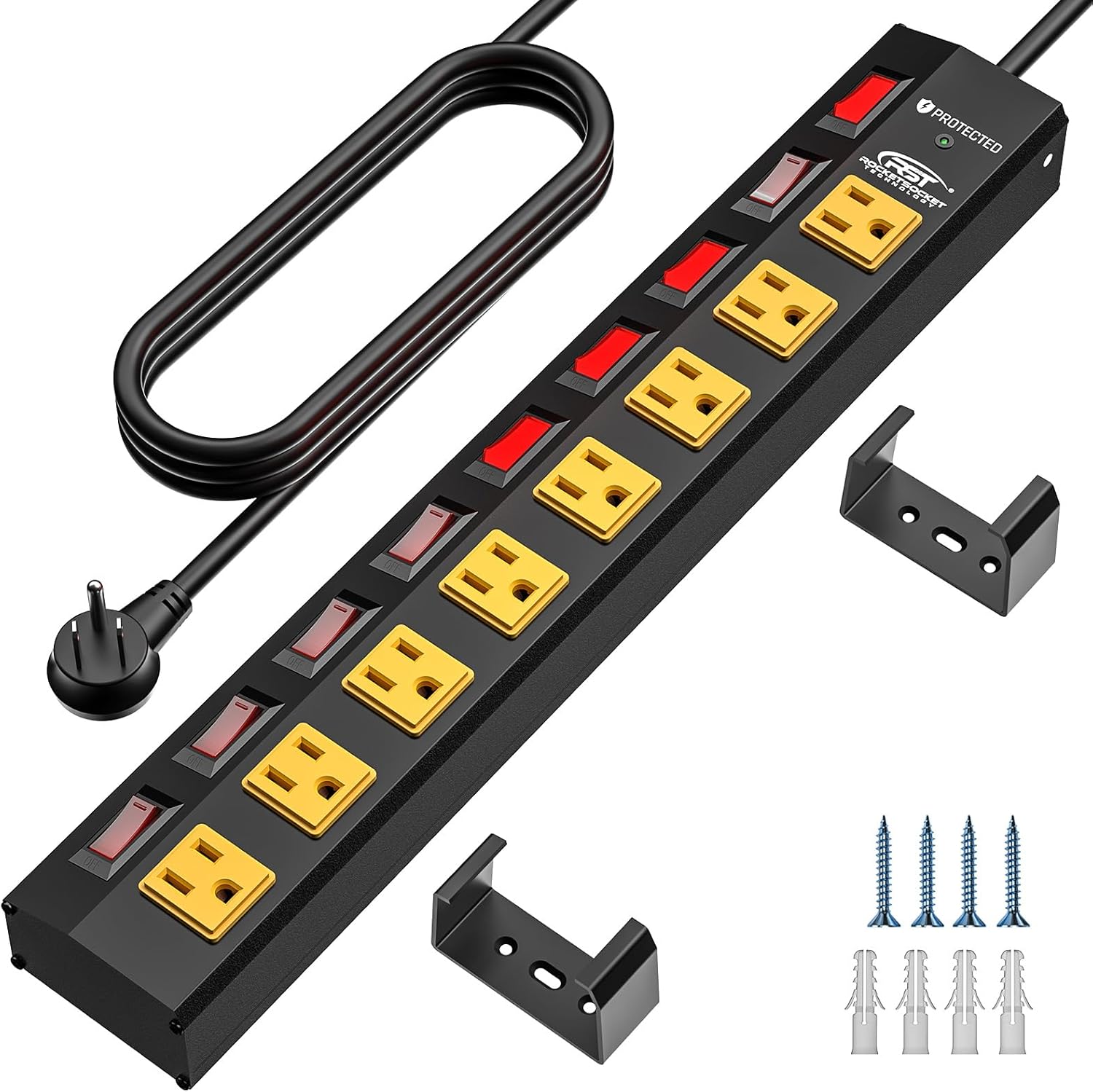 CRST 8-outlet power strip with individual switches: PROTECTED LED, flat plug, two U-brackets, four screws and wall anchors.