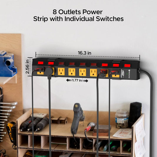 CRST 8 Outlet Heavy Duty Power Strip with Individual Switches, 15A/1875W Metal Power Strip Surge Protector with Circuit Breaker (1200 Joules), 6FT Extension Cord and Mountable Kits