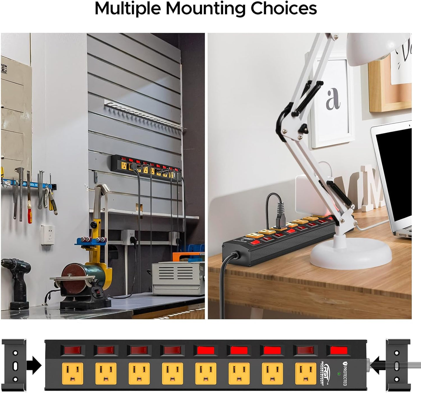 CRST 8 Outlet Heavy Duty Power Strip with Individual Switches, 15A/1875W Metal Power Strip Surge Protector with Circuit Breaker (1200 Joules), 6FT Extension Cord and Mountable Kits
