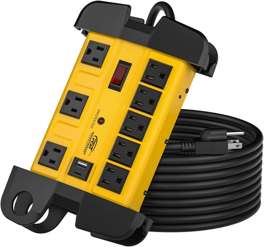 CRST Heavy Duty Surge Protector Power Strip with USB-C Port 8-Outlet Wider Spaced Mountable Metal Power Bar with Long Extension Cord 15A Circuit Breaker 1350 Joules Protection