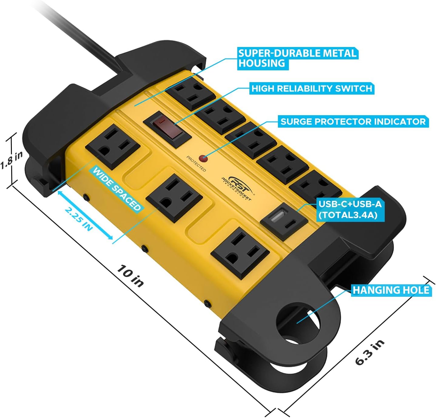 CRST 8-Outlet Heavy Duty Metal Power Strip | USB-C + USB-A, 1350J Surge Protector, Cord Wrap End Caps, Wall Mount, Resettable Switch, ETL Listed (UL 1363 / UL 1449)