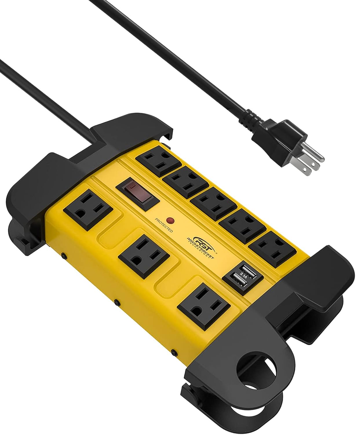 CRST 8 Outlets Dural USB Mountable Metal Power Strip Surge Protector with Cord Wrapping Design, Optional 15FT or 6FT Power Cord