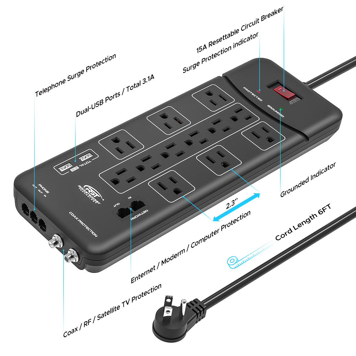 CRST 12 Outlets Built in Ethernet Coax Phone Ports Surge Protector Power Strip 6FT Extension Power Cord