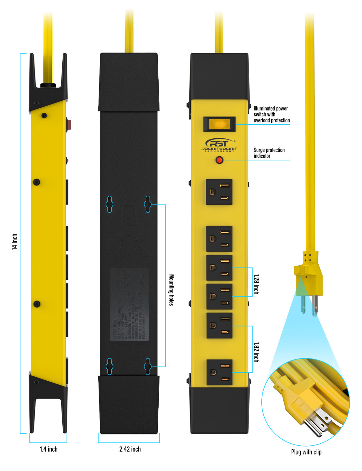 CRST Wide Spaced 6 Outlets Mountable Heavy Duty Metal Power Strip Surge Protector with Cord Wrapping Design, 15FT Power Cord