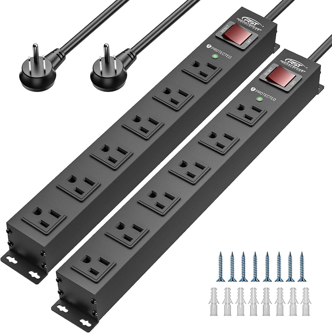 2-pack power strip surge protector: two black metal strips with 45° flat plugs and end brackets, plus 8 screws and 8 anchors.