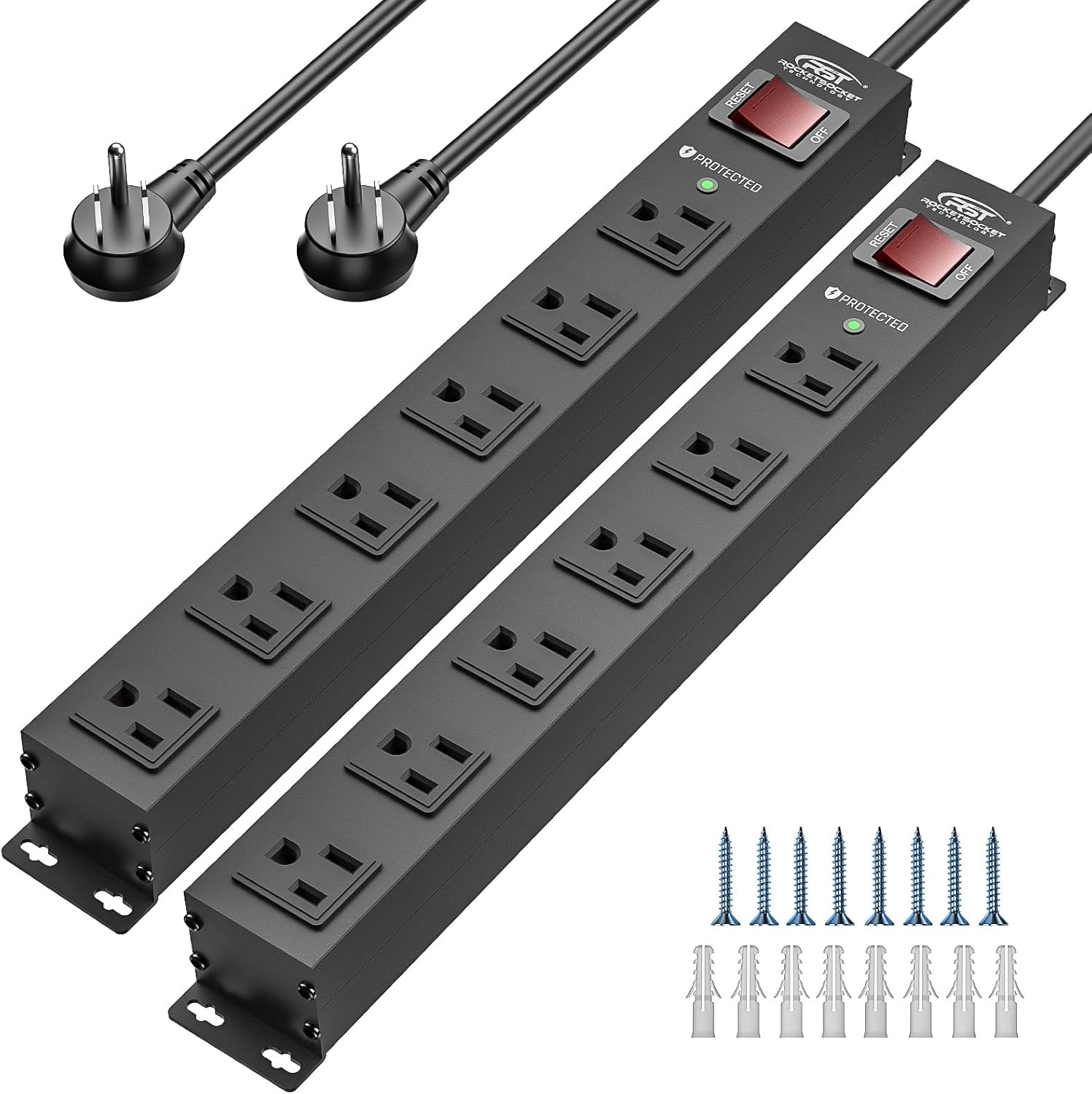 2-pack power strip surge protector: two black metal strips with 45° flat plugs and end brackets, plus 8 screws and 8 anchors.