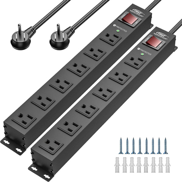 CRST 2PK Wider Spaced 6 Outlet Metal Surge Protector Power Strip 2100J 15A 1875W Heavy Duty Mountable Power Bar 6FT Flat Plug Extension Cord