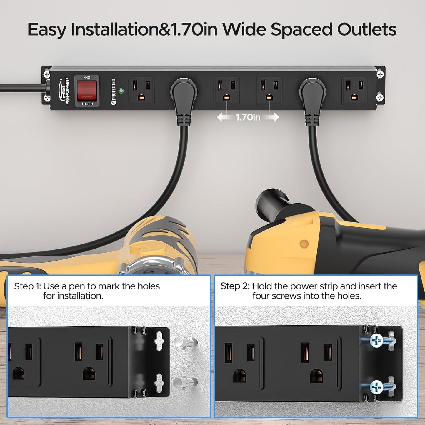 CRST 2PK 6 Outlet Surge Protector Power Strip 2100J with Switch, 15A/1875W Heavy Duty Mountable Power Strip, Wide Spaced Power Bar, 6FT Extension Power Cord