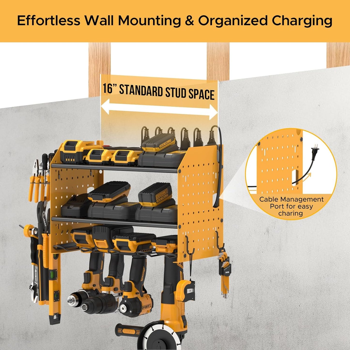 Power Tool Organizer Wall Mount, Cordless Drill Holder with 8-Outlet Power Strip, Modular Garage Organization Storage Rack, Gift for Men