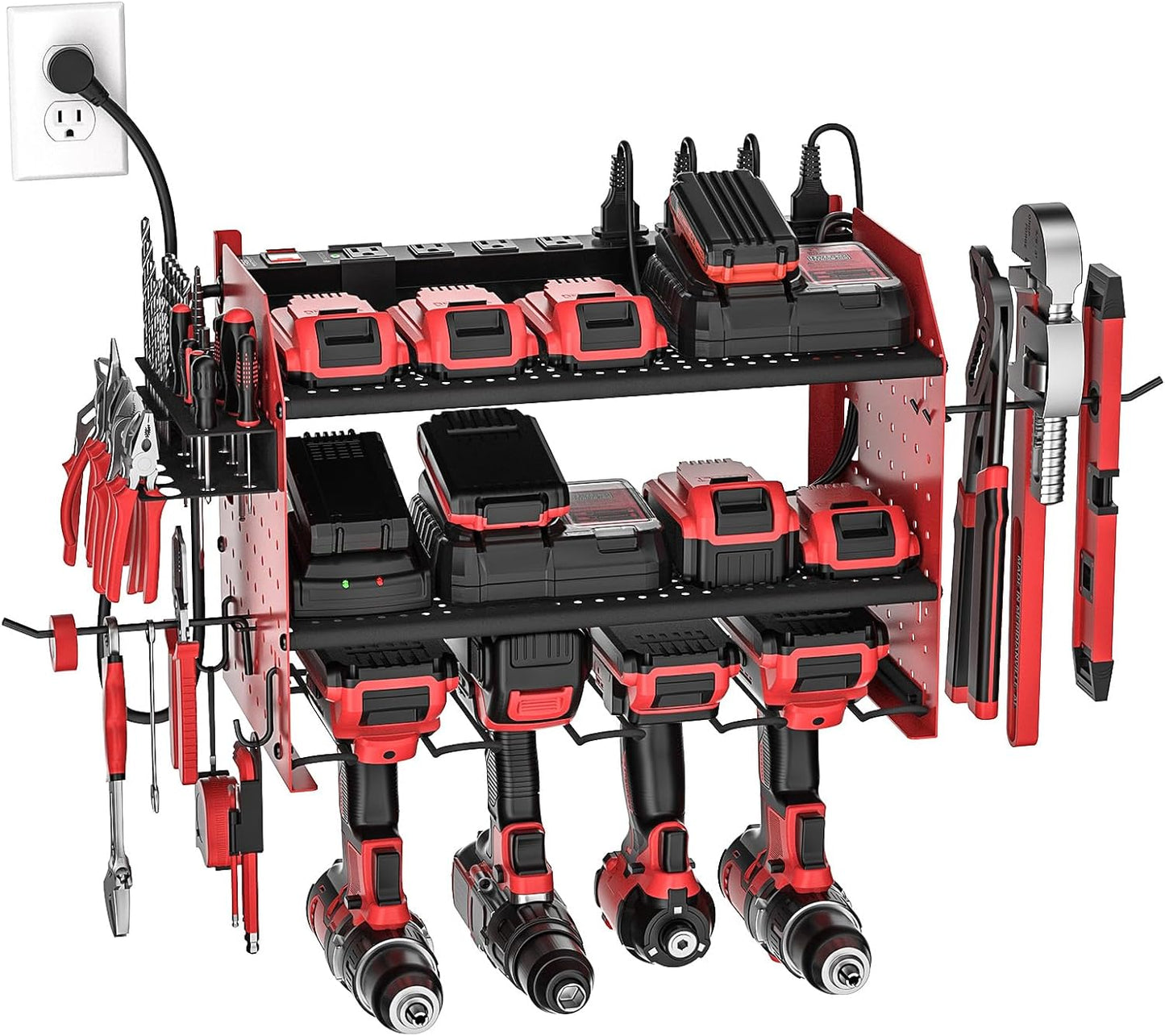 Power Tool Organizer Wall Mount, Cordless Drill Holder with 8-Outlet Power Strip, Modular Garage Organization Storage Rack, Gift for Men