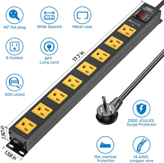CRST 2 Pack 8 Outlet Metal Heavy Duty Power Strip with Switch, 2100J Surge Protector, 15A/1875W Mountable Wide Spaced Power Bar, 6FT 14AWG Extension Power Cord
