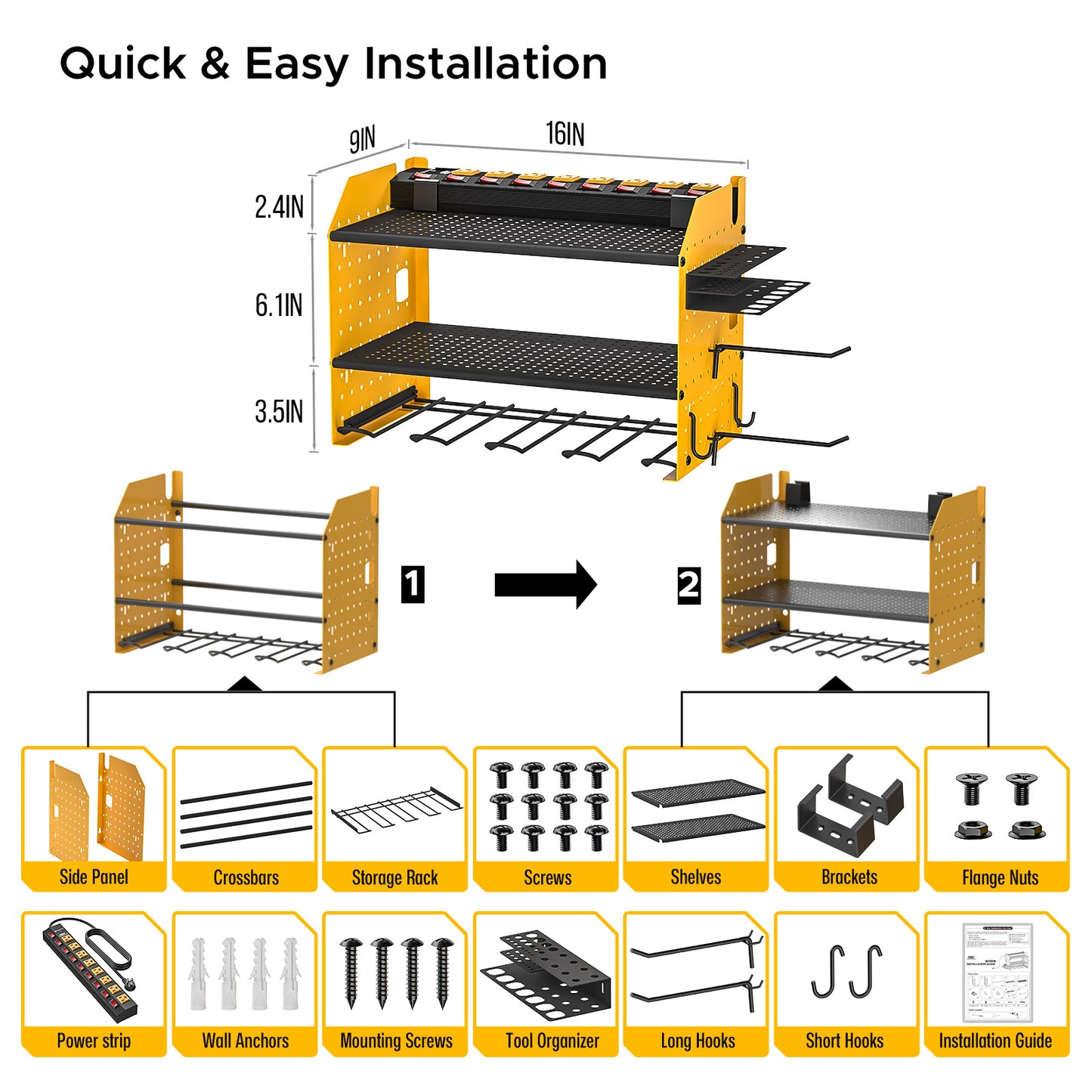 3 Layers Power Tool Organizer Wall Mount with Charging Station, Garage Tool Storage Rack Shelf with 8-Outlet Individual Switches Power Strip