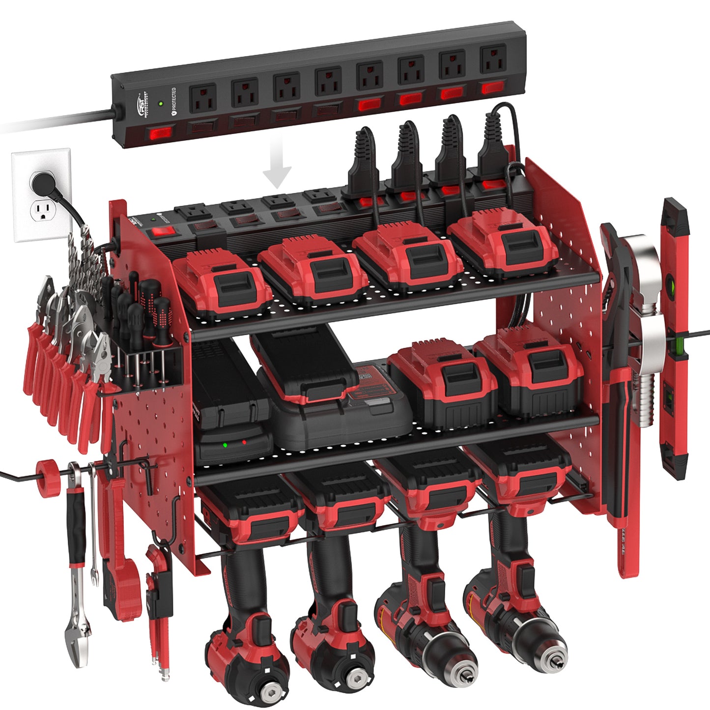 3 Layers Power Tool Organizer Wall Mount with Charging Station, Garage Tool Storage Rack Shelf with 8-Outlet Individual Switches Power Strip