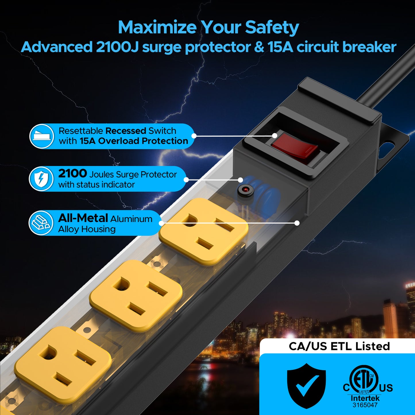 CRST 12-Outlet Mountable Metal Power Strip | 4-Way Bracket Mount, 2100J Surge Protector, Wide-Spaced Outlets, ETL Listed