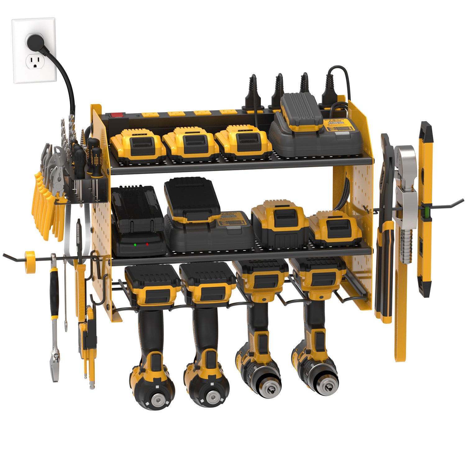 Yellow power tool organizer with charging station: drills on the rail, chargers on two shelves, tools on the pegboard panels.