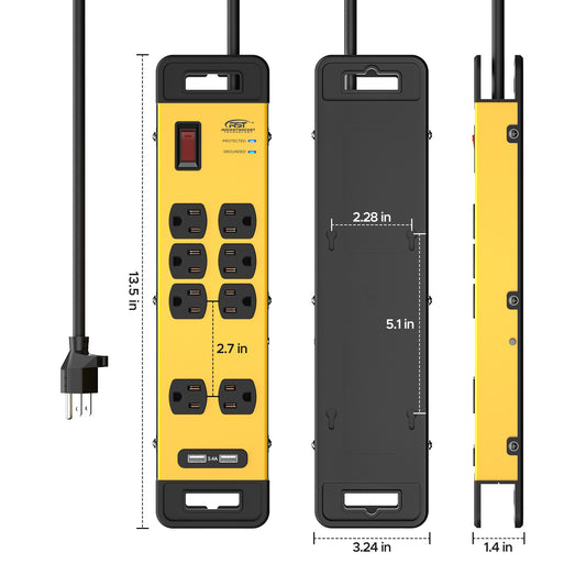 CRST Wide Spaced 8 Outlets Dural USB Mountable Metal Power Strip Surge Protector, 15FT Power Cord