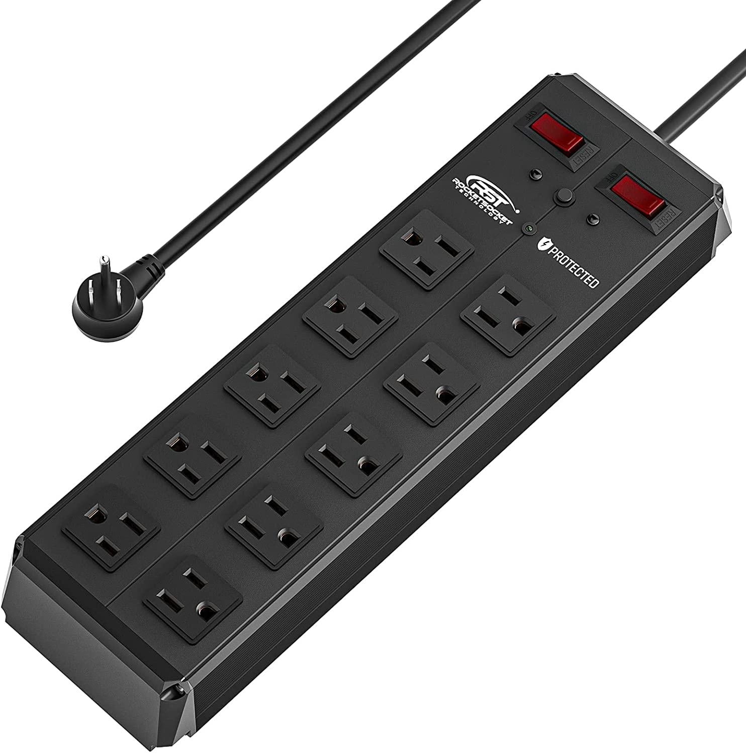 RocketSocket 10-Outlet Heavy Duty Power Strips with 2 Individual Switches 1020 Joules Full Metal Surge Protector Power Strip with 15Amps 15A Circuit Breaker, 1875w...