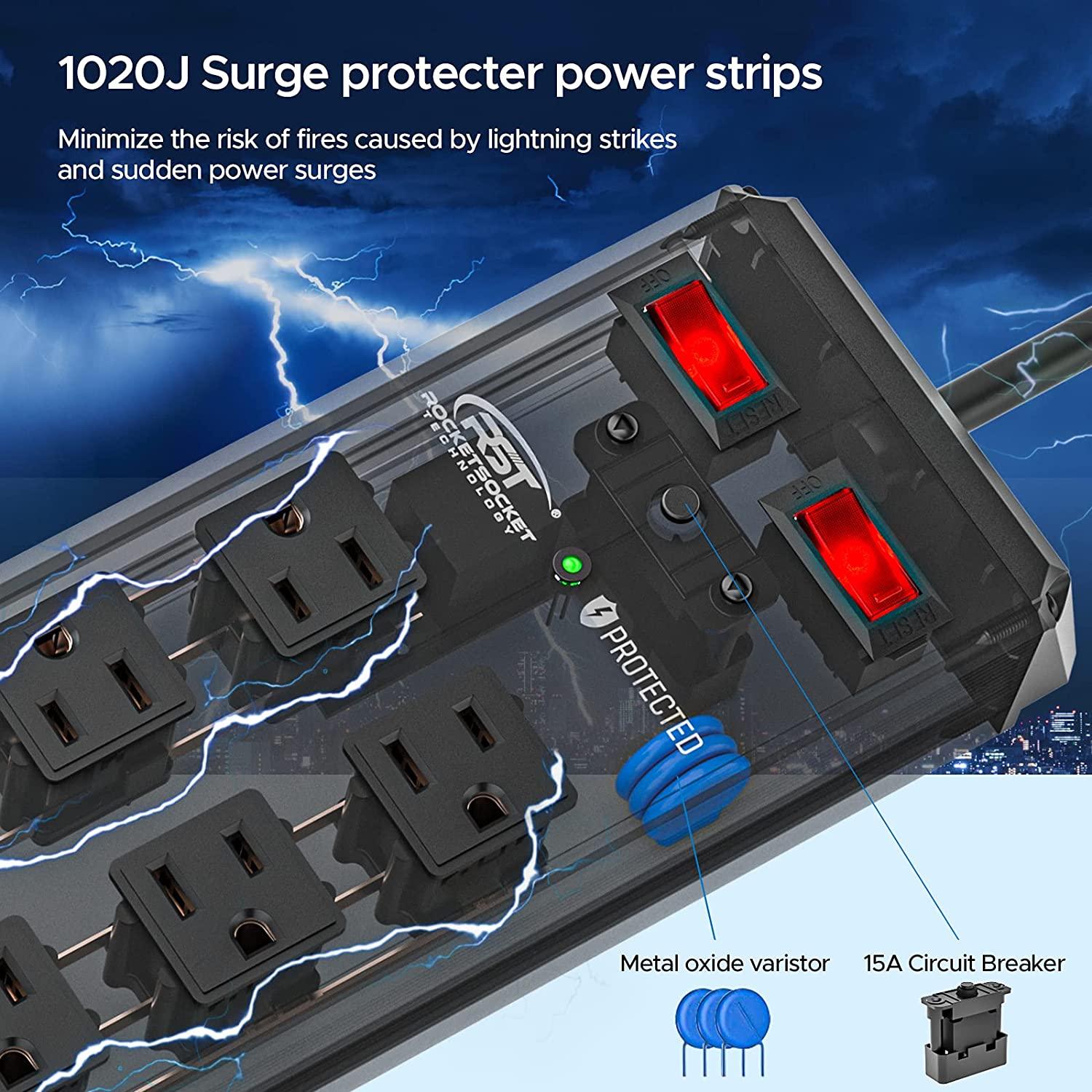 RocketSocket 10-Outlet Heavy Duty Power Strips with 2 Individual Switches 1020 Joules Full Metal Surge Protector Power Strip with 15Amps 15A Circuit Breaker, 1875w...