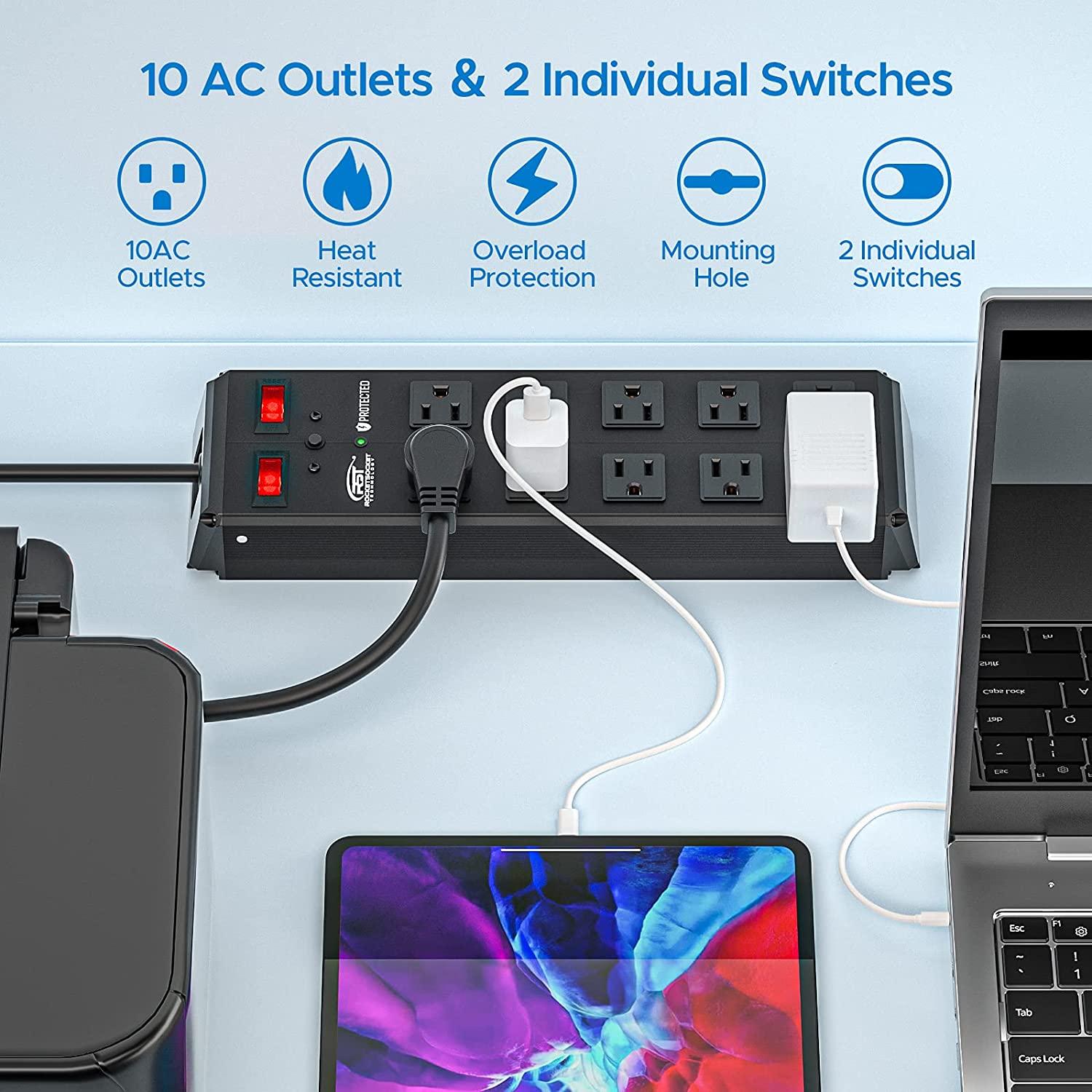 RocketSocket 10-Outlet Heavy Duty Power Strips with 2 Individual Switches 1020 Joules Full Metal Surge Protector Power Strip with 15Amps 15A Circuit Breaker, 1875w...