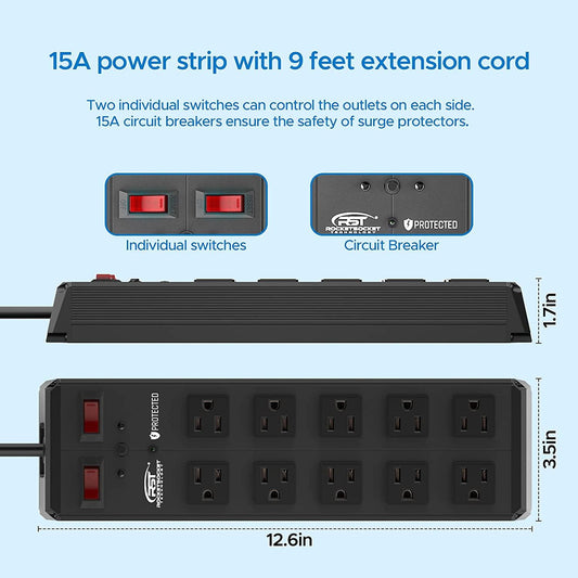 RocketSocket 10-Outlet Heavy Duty Power Strips with 2 Individual Switches 1020 Joules Full Metal Surge Protector Power Strip with 15Amps 15A Circuit Breaker, 1875w...