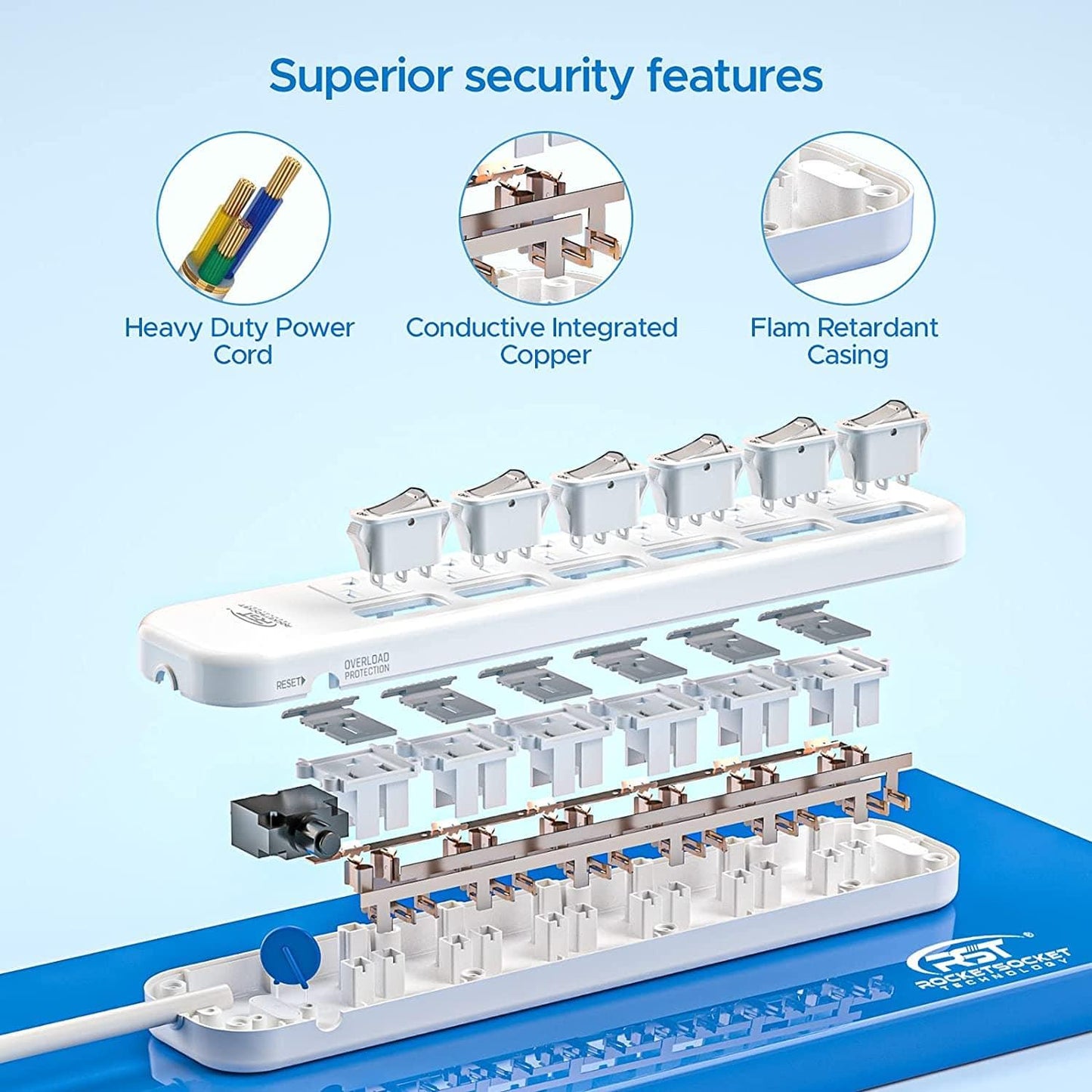 RocketSocket CRST 6-Outlets 6 ft. Surge Protector Power Strip 15A