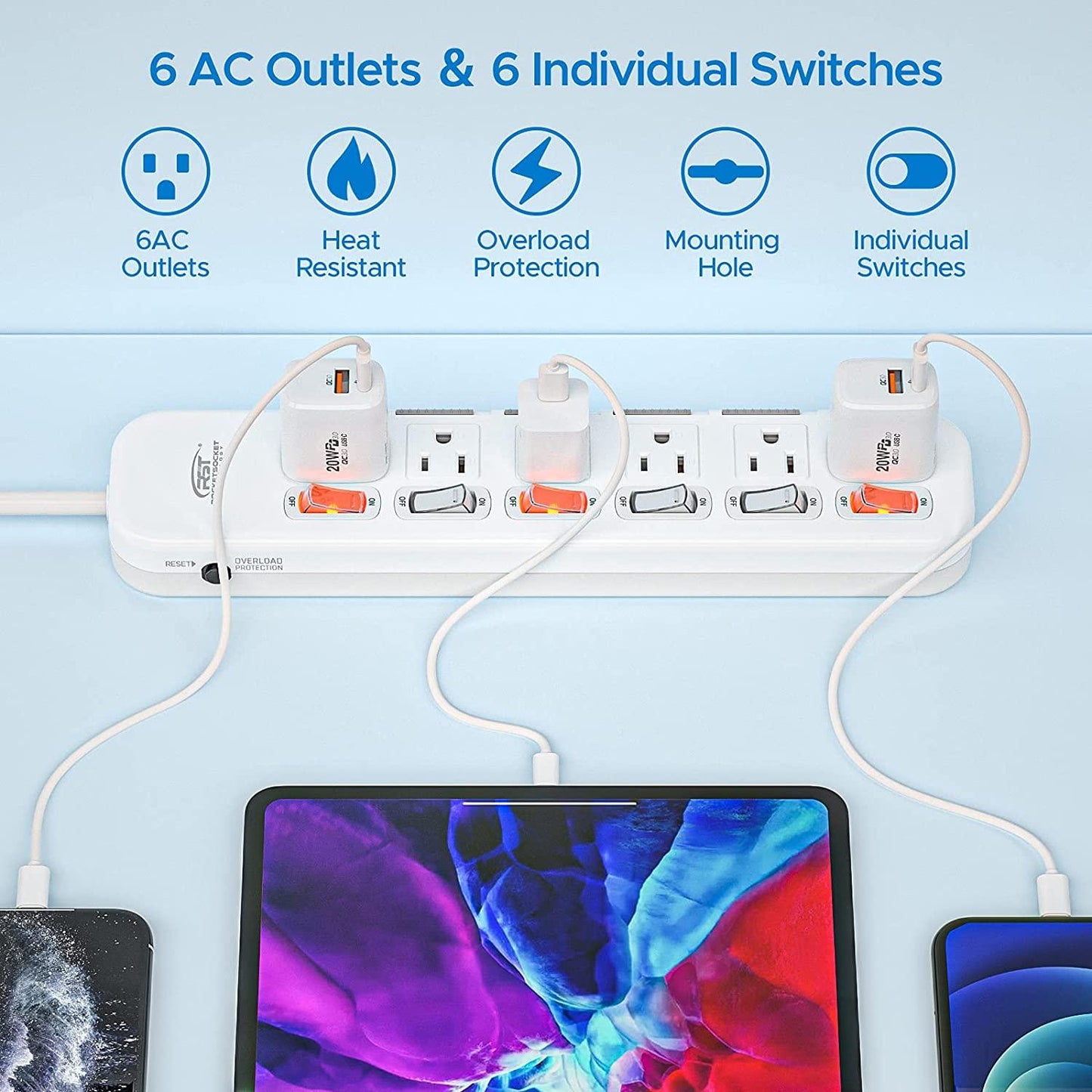 RocketSocket CRST 6-Outlets 6 ft. Surge Protector Power Strip 15A