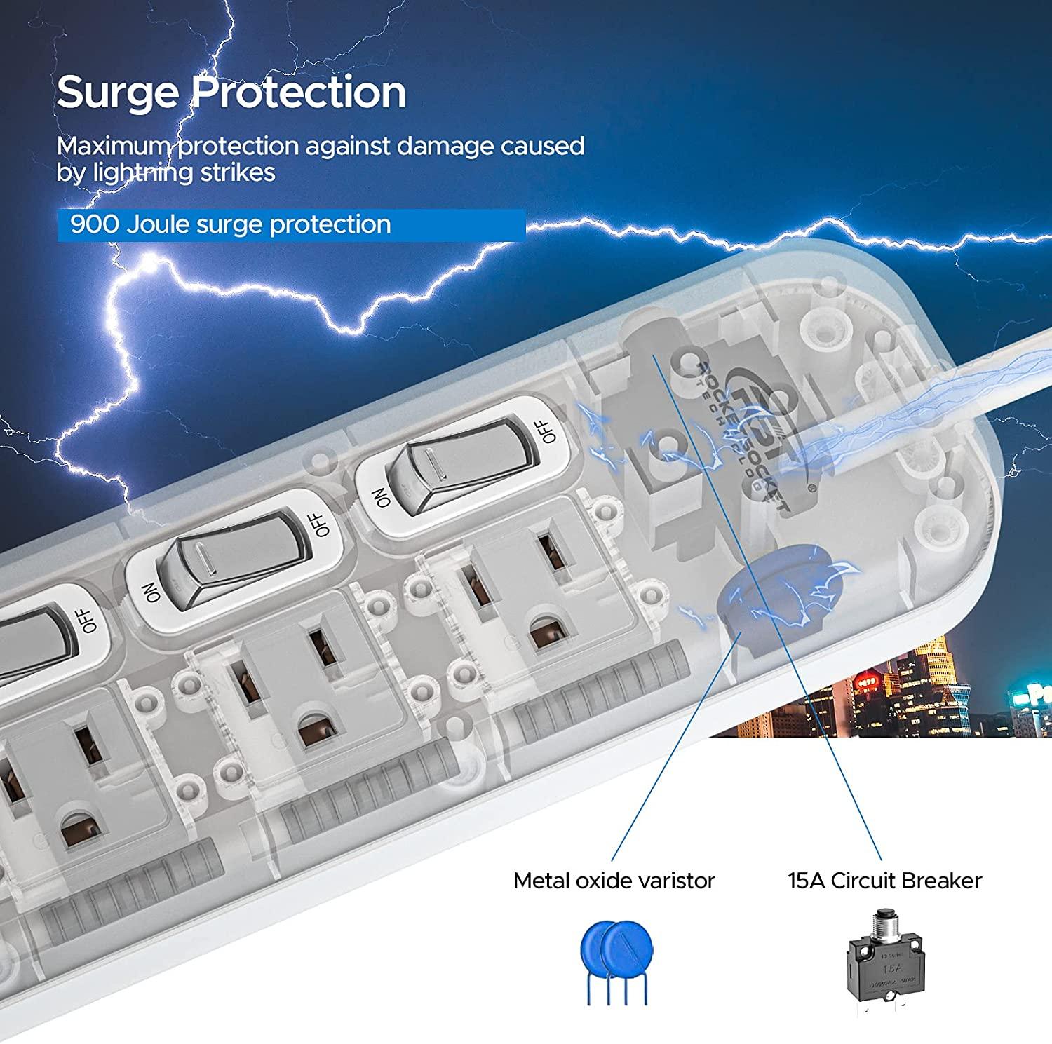 RocketSocket CRST 6-Outlets 6 ft. Surge Protector Power Strip 15A
